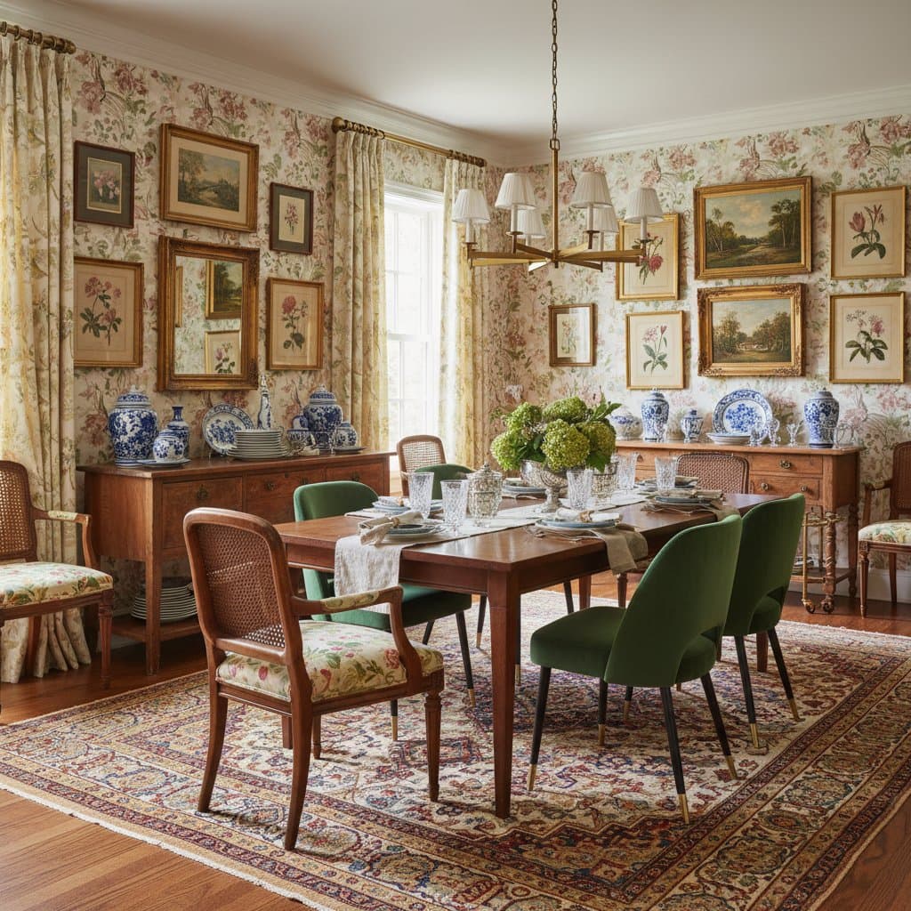 Image for Grandmillennial Dining Rooms Bring Pattern and Comfort Back